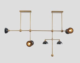 Asymmetrical Structure Bowl Shade Hanging Chandelier, Mid Century Modern Seven Lights Dome Shade Brass Sputnik Ceiling Light Fixture