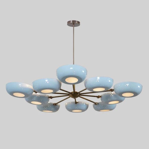 Gerald Thurston Lightolier Inspired Ten Arm Chandelier with Powder coated Pierced shades