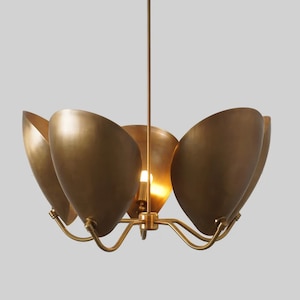 Op de afbeelding: Een messing kroonluchter met vijf lampen en een bloemvormig ontwerp. De kroonluchter heeft een geborsteld messing afwerking en een moderne stijl.