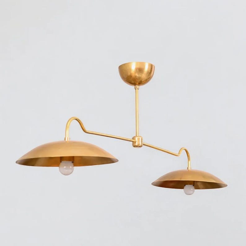 Linear Double Shade Brass Chandelier, Italian Style Mid Century Modern Brass Ceiling Pendant Light Fixture, Dinning Room Kitchen Island Lamp image 6