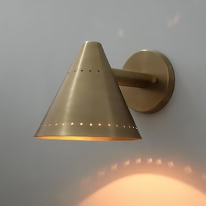 Perforated Conical Brass Pivot Wall Sconce, Mid Century Modern Handcrafted Raw Brass Industrial Style Wall Light Lamp