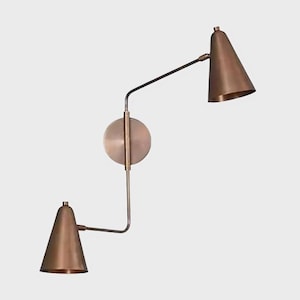 Twin Light Cone Shades Wall Lamp, Handcrafted Vintage Inspired Pendant Two Light Bedside Brass Wall Sconce Home Decor Lighting