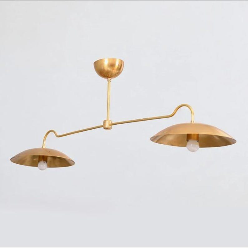 Linear Double Shade Brass Chandelier, Italian Style Mid Century Modern Brass Ceiling Pendant Light Fixture, Dinning Room Kitchen Island Lamp image 4