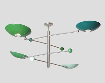 Lámpara de araña Stilnovo Counterbalance con disco multicolor, lámpara de araña Sputnik de latón de cuatro pantallas, moderna de mediados de siglo, lámpara colgante de techo con contrapeso