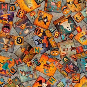 May include: A colorful Halloween-themed pattern featuring various square illustrations with cartoon monsters, pumpkins, and witches. The word "HAPPY HALLOWEEN" is spelled out with individual letters scattered throughout the design. The color palette includes orange, purple, and green.