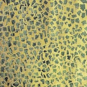 May include: A textured fabric with a mosaic-like pattern. The design features small, irregular shapes in shades of green and gold. The overall effect is a blend of earthy tones and a subtle shimmer, creating a visually rich surface.