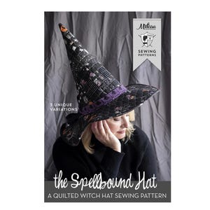 May include: A quilted witch hat sewing pattern, "the Spellbound Hat," features a black and purple design with unique variations. The hat has a tall, pointed crown and a wide brim. The pattern is from Melissa, a sewing patterns brand.