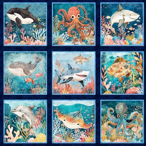 May include: A fabric panel featuring a watercolor design of various sea creatures. The panel includes images of a turtle, crab, seal, shark, orca, octopus, shark, fish, whale, shark, fish, turtle, dolphin, stingray, octopus, and whale.