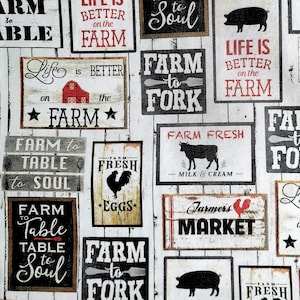 May include: A white background with various black and white signs with red and black lettering. The signs have different sayings about farm life, such as "Farm to Table", "Farm to Fork", and "Life is Better on the Farm".