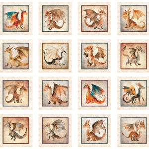 May include: A fabric panel featuring sixteen square images of watercolor dragons in various colors, including red, orange, brown, and blue. Each dragon is framed with a decorative border, creating a fantasy theme.