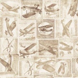 May include: A beige wallpaper featuring a repeating pattern of vintage airplane illustrations. The design includes various aircraft types within rectangular and circular frames, resembling postage stamps. The color palette is primarily beige and brown.
