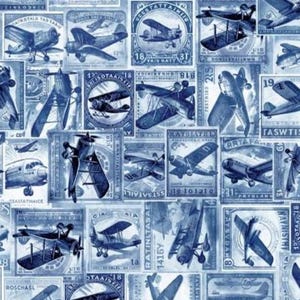 May include: A collage of vintage airplane illustrations in shades of blue. The design features various aircraft on rectangular backgrounds with text and numbers, creating a repeating pattern. The overall theme is aviation.