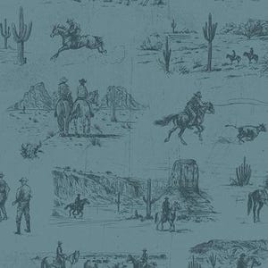 May include: A repeating pattern featuring a vintage-style illustration of the American West. Cowboys on horseback, covered wagons, cacti, and desert landscapes are depicted in a monochromatic blue-green color scheme.