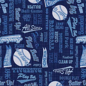 May include: Baseball-themed fabric with a navy blue background. The design features baseballs, banners, and text elements in white and light blue, including words like "Baseball," "Home Run," and "All Stars."
