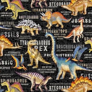 NEW! Dinosaur Land T-Rex Triceratops Stegosaurus Brontosaurus,11144-Black, 100% Cotton, Michael Miller,B1035, **By HALF Yard (BTHY)**