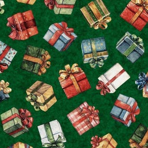May include: A repeating pattern of watercolor-style gift boxes on a dark green background. The presents are in various colors, including red, blue, green, and gold, and are tied with matching ribbons and bows. The overall theme is festive and celebratory.
