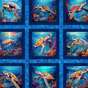May include: A fabric panel featuring nine square images of sea turtles swimming in a vibrant underwater scene. The turtles have colorful shells and are surrounded by coral and marine life. The background is a deep blue, with a textured border.