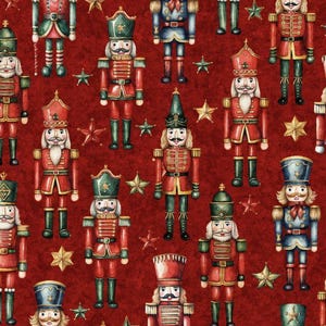 May include: A repeating pattern of toy nutcrackers in various colors, including red, blue, and green, on a deep red background. Gold stars are interspersed throughout the design. The nutcrackers are detailed with painted uniforms and hats.