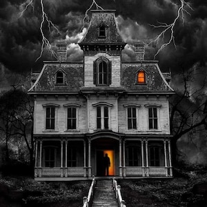 May include: A black and white image of a haunted house with a stormy sky and lightning. A figure stands in the doorway, illuminated by an orange glow. A stone staircase leads up to the house.