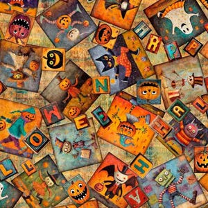 May include: A collage of Halloween-themed illustrations and letter blocks. The artwork features various spooky characters, pumpkins, and the word "HALLOWEEN" spelled out with colorful letter blocks. The overall color scheme is orange, brown, and blue.
