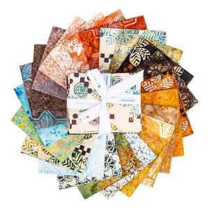 May include: A collection of batik fabric squares in various colors, including orange, blue, brown, and yellow, arranged in a circular pattern. The fabric squares are tied with a white ribbon. The fabric has geometric and floral patterns.