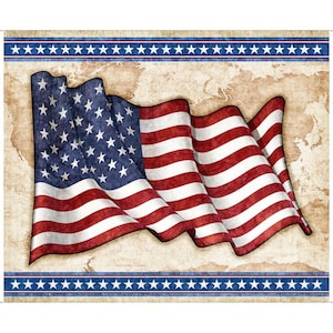 May include: A waving American flag with red and white stripes and a blue field of white stars. The flag is set against a vintage map background with blue borders featuring white stars.