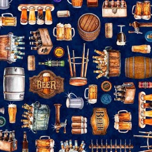 May include: A pattern of beer-related items on a dark blue background. The image includes beer mugs, barrels, bottles, taps, and signs that say "Beer". The items are in shades of brown, gold, and silver.