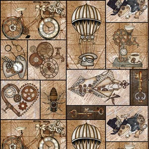 May include: A collage of vintage-inspired illustrations featuring steampunk elements, including clocks, gears, bicycles, hot air balloons, and keys. The background is a brown paper texture with a newspaper print overlay.