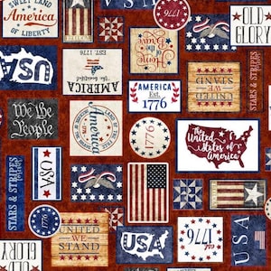 May include: A patriotic design featuring various rectangular and circular elements with American flag motifs, stars, and text. The color palette includes red, white, and blue, with phrases like "America," "USA," and "1776" displayed.