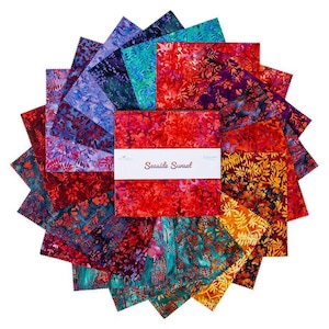 May include: A collection of fabric squares in a variety of colors, including red, orange, purple, and teal. The fabric has a floral pattern and the words "Seaside Sunset" are printed on a white label.
