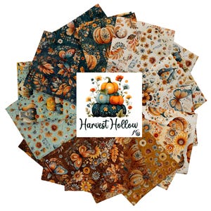 May include: A collection of fabric squares featuring autumn-themed patterns with pumpkins, butterflies, and flowers in shades of orange, teal, and brown. A central white square displays a stack of pumpkins and the text Harvest Hollow.