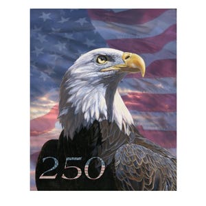 May include: A majestic bald eagle with white head and neck feathers, a yellow beak, and dark brown body feathers. The background features a blurred American flag and the number "250" in white.