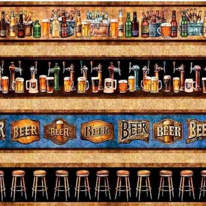 May include: A decorative image featuring a bar scene with shelves displaying various beer bottles, glasses, and tap handles. The image includes the word "BEER" on a blue background, and a row of bar stools.