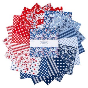 May include: A collection of fabric squares in red, white, and blue, arranged in a circular pattern. The fabrics feature various patterns, including stars, stripes, floral designs, and gingham checks. The text "FREEDOM GARDEN" is visible on a label.