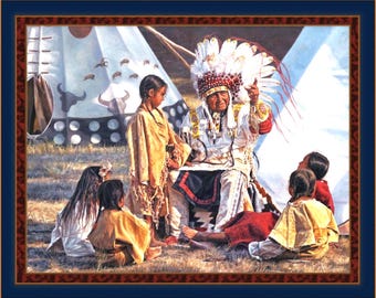 American Indian Chief Teaching the Young Indian Buffalo Tales Americana Art Wall Indian Decor,100% Cotton, B2008, Sold by PANEL