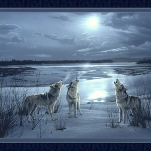 May include: A painting depicts three wolves howling at the moon in a snowy landscape. The scene is set at night, with a bright moon illuminating the sky and reflecting on the water. The wolves are gray and white, and the overall color palette is cool, with blues and grays.