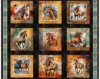 NEW! Born to Run Horses Panel by Dan Morris Wild Untamed Horses 9 Large Blocks, 31475-J Black, QT Fabrics, 100% Cotton, OC1R5, Sold by PANEL