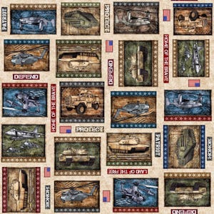 May include: A fabric panel featuring various military vehicles and aircraft, including helicopters, jets, and tanks, set against a backdrop of the American flag and patriotic phrases like "Protect" and "Defend".