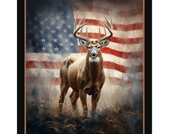 NEW! American Trophy Deer Panel, Gorgeous Patriotic Ten Point Buck with American Flag, Home Decor, Wall Art,100% Cotton,B2012B,Sold by PANEL