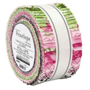 May include: A roll of fabric strips from the Penelope collection by Debbie Beaven, featuring pink, green, and white floral and geometric patterns. The label states each piece measures 2.5 inches by WOF, with 40 pieces totaling 2,800 yards.