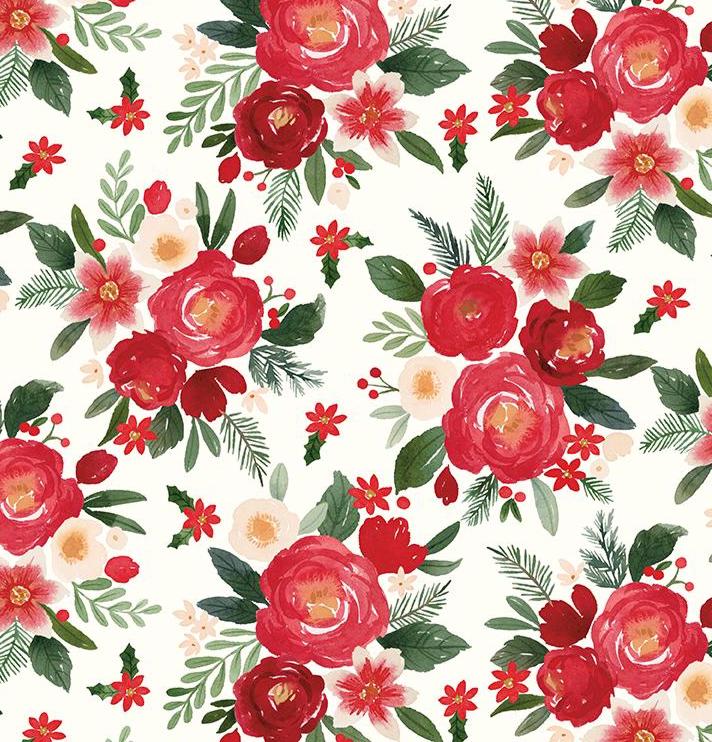 NEW! Charming Christmas Floral Cloud Rose Red Blossoms Florets Kelsey Carlson, Riley Blake, C16350-Cloud, RT1R2,**By HALF Yard (BTHY)**