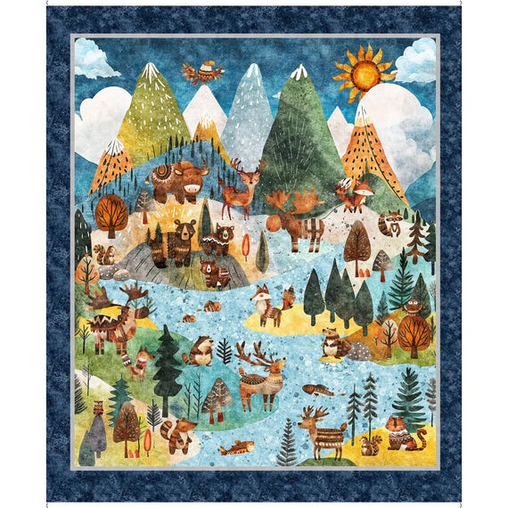NEW! Bearsville Panel Moose Fox Beaver Salmon Stream Mountain Wilderness 31257-X, Dan Morris, QT Fabrics, 100% Cotton, B2030, Sold by PANEL