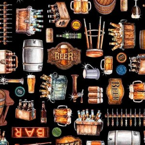May include: A seamless pattern of beer-related items on a black background. The image features beer mugs, barrels, bottles, taps, and signs that say "Beer" and "Bar". The color palette includes shades of brown, gold, and silver.