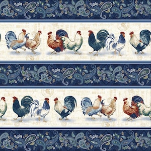 May include: A blue and white paisley patterned fabric with a repeating design of roosters. The roosters are in various colors, including red, blue, and white. The fabric has a vintage look and feel.