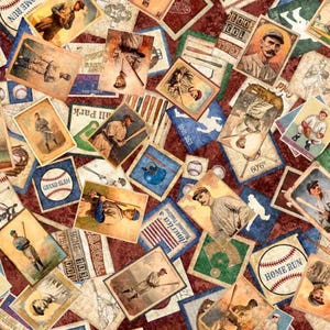 May include: A collage of vintage baseball-themed cards and illustrations. The cards feature baseball players, baseballs, and baseball equipment. The color palette includes shades of brown, beige, blue, and red. Some cards have text like "Home Run" and "Grand Slam".