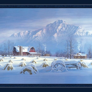 May include: A winter landscape painting featuring a snow-covered farm scene with a red barn and a mountain range in the background. The painting has a blue border and depicts a serene, cold environment.