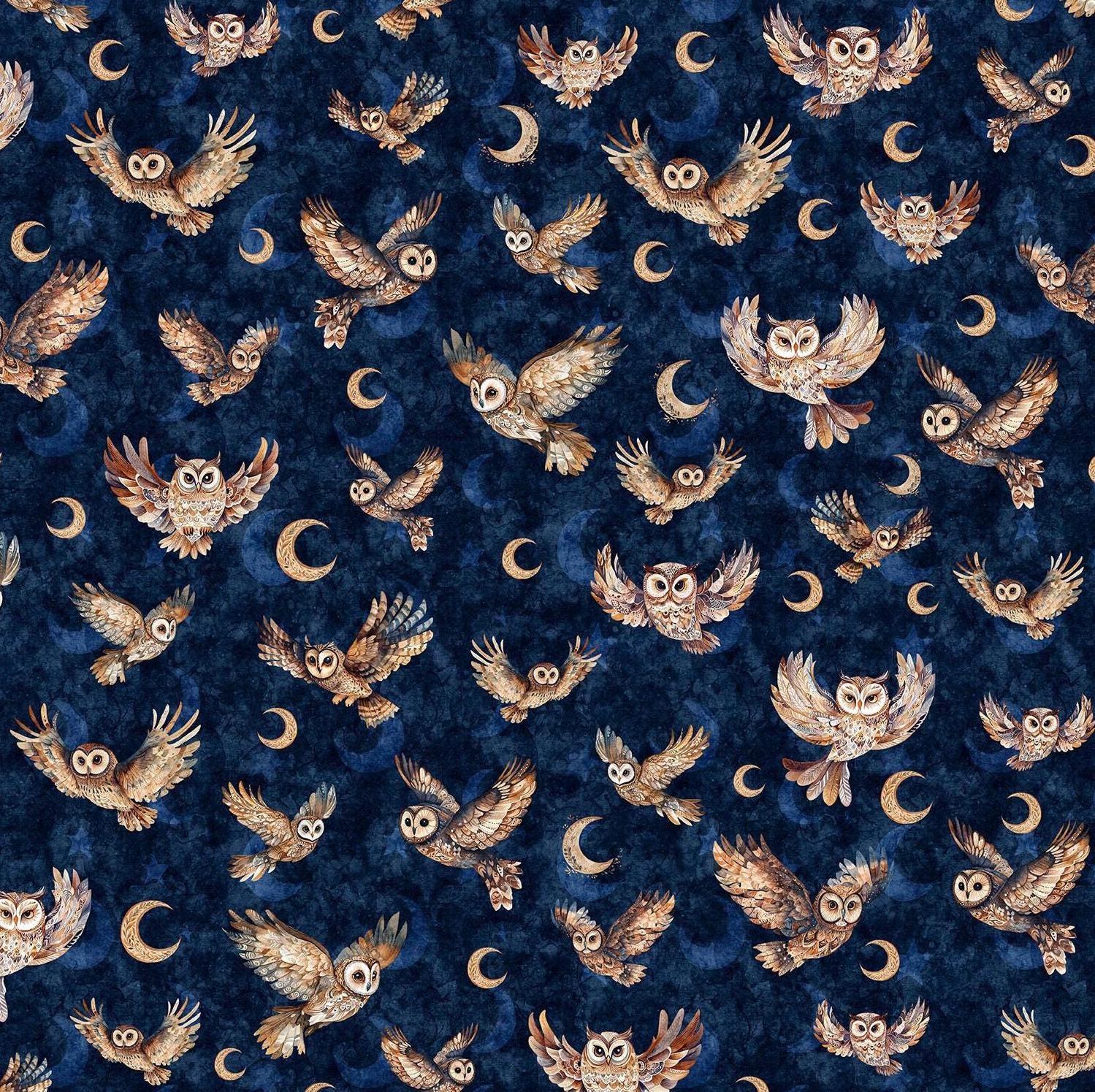 NEW! Night Owls **by HALF Yard Continuous**  Gold Brown Owls on Navy Blue by Dan Morris, 31567-N, QT