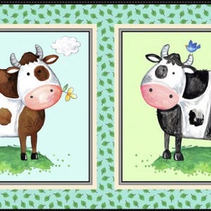 May include: Two framed watercolor cow illustrations. One cow is brown and white, holding a flower, with a blue bird and cloud. The other cow is black and white, with a blue bird and sun. Both cows stand on green grass.