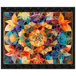 May include: A vibrant, abstract geometric design featuring a kaleidoscope of colors including orange, blue, and purple. The artwork is framed with a black border with a floral pattern and gold trim, creating a striking visual effect.