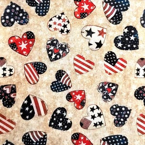 NEW! American Freedom Patriotic Red White Blue Heart on Cream #22 Americana Country Flag Happy 4th of July,B1776,**By HALF Yard (BTHY)**
